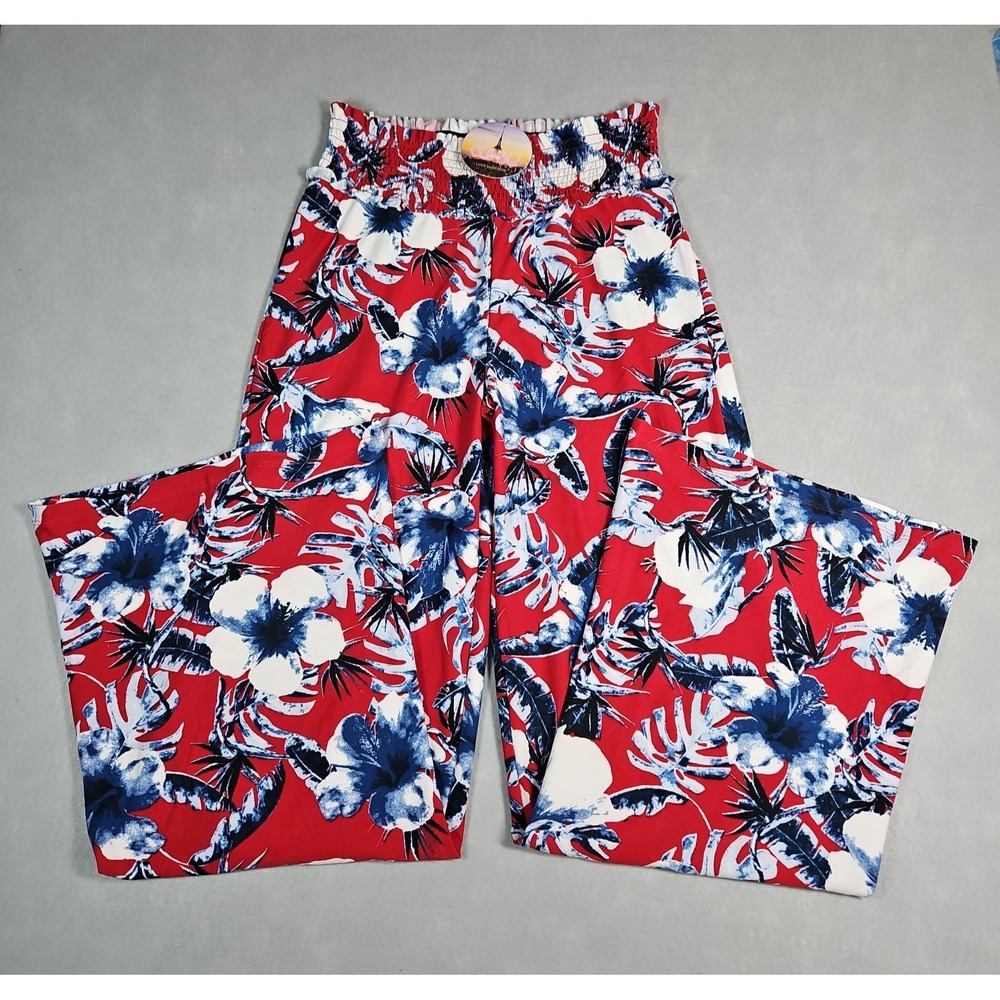 Love By Design Juniors Red Blue Floral Wide Leg Pull On Pants Size Medium NWT